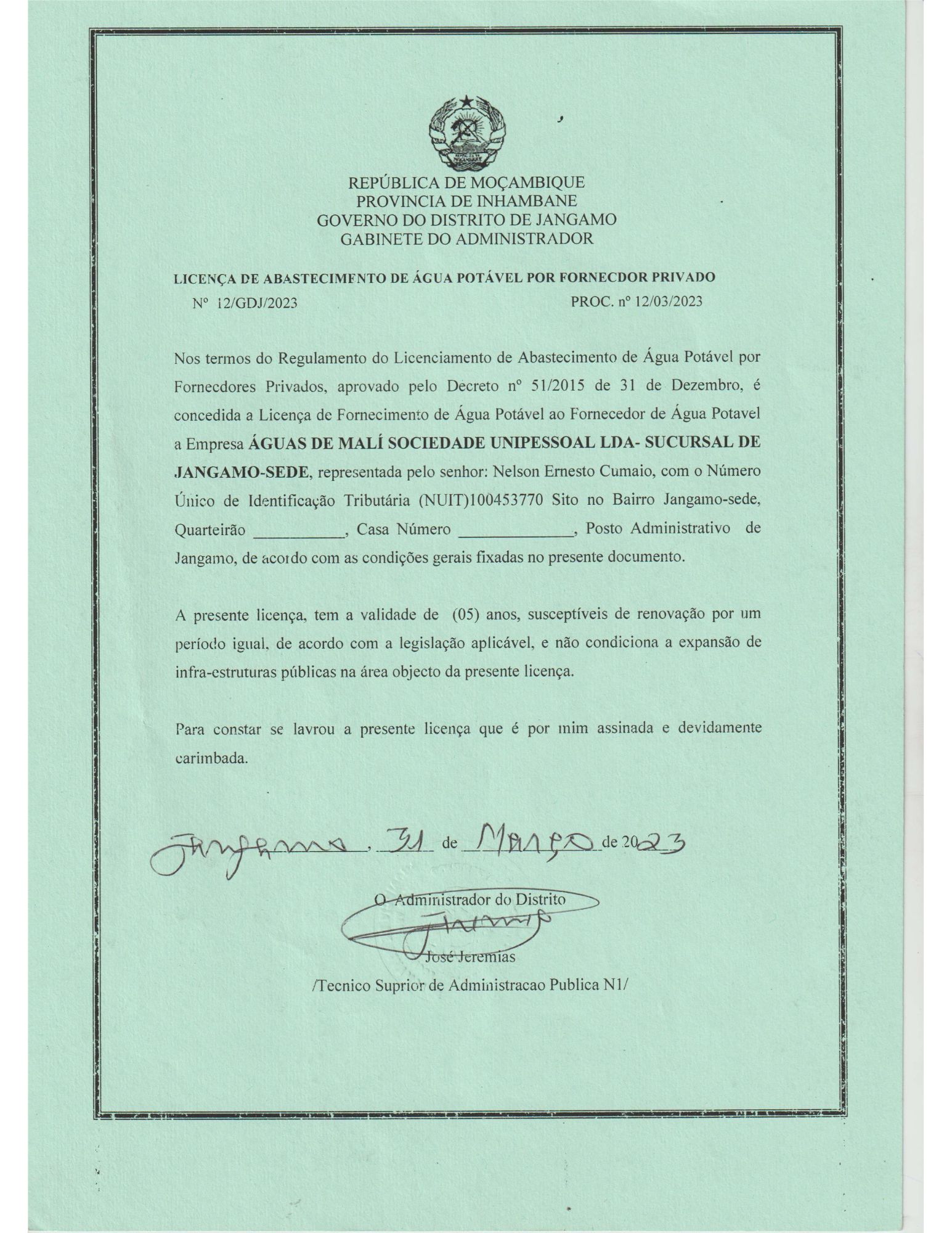 Licença de Abastecimento de Água Potável para Fornecedores Privados